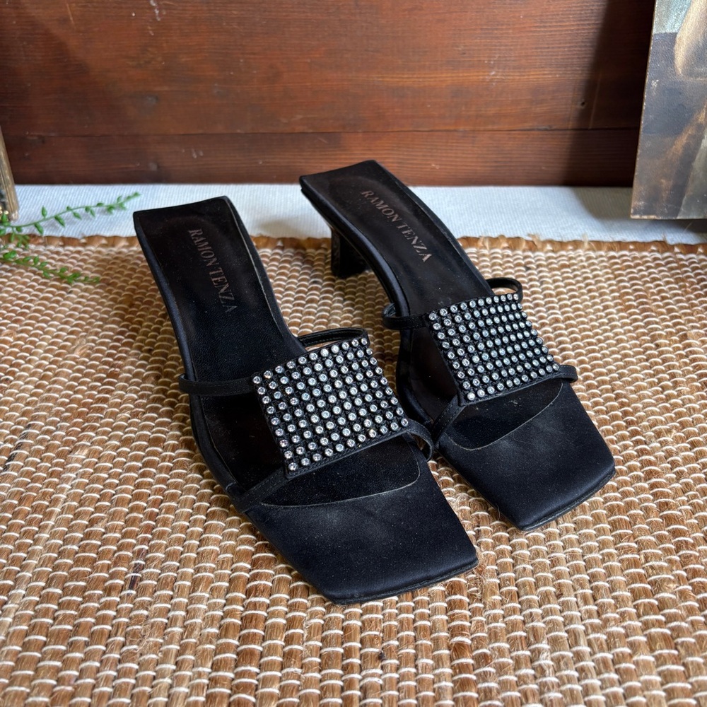 Vintage Ramon Tenza Black Square Toe Satin & Leather Rhinestone Slides Size 7.5B - Picture 2 of 11